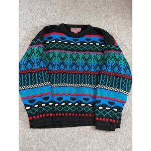 Vintage 90s Concrete Mix Sweater Mens Large Black Blue Knit 3D Knit Boho VTG